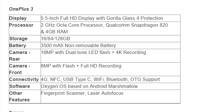 OnePlus 3 spec